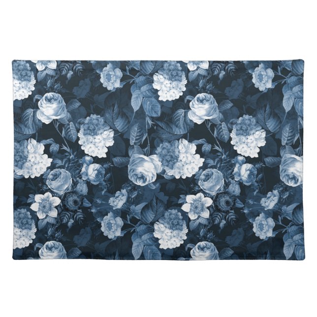 chinoiserie blue antique Redouté roses pattern Cloth Placemat (Front)