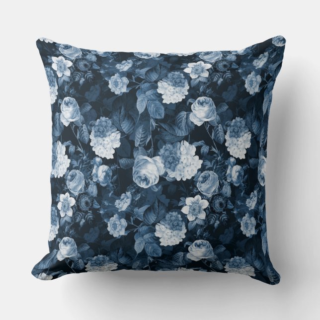 chinoiserie blue antique Redouté roses pattern Throw Pillow (Front)