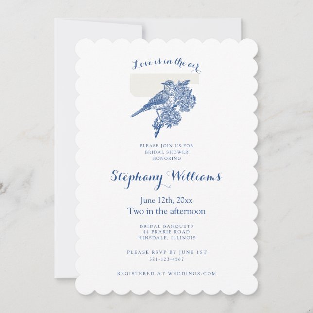 Chinoiserie Blue Bird Toile Vintage Bridal Shower  Invitation (Front)