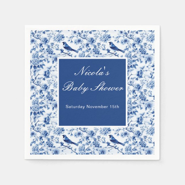 Chinoiserie Blue Birds and Flowers Baby Shower Napkins (Front)