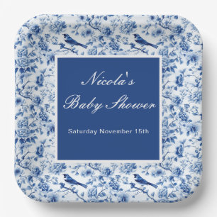 Chinoiserie Blue Birds and Flowers Baby Shower Paper Plates