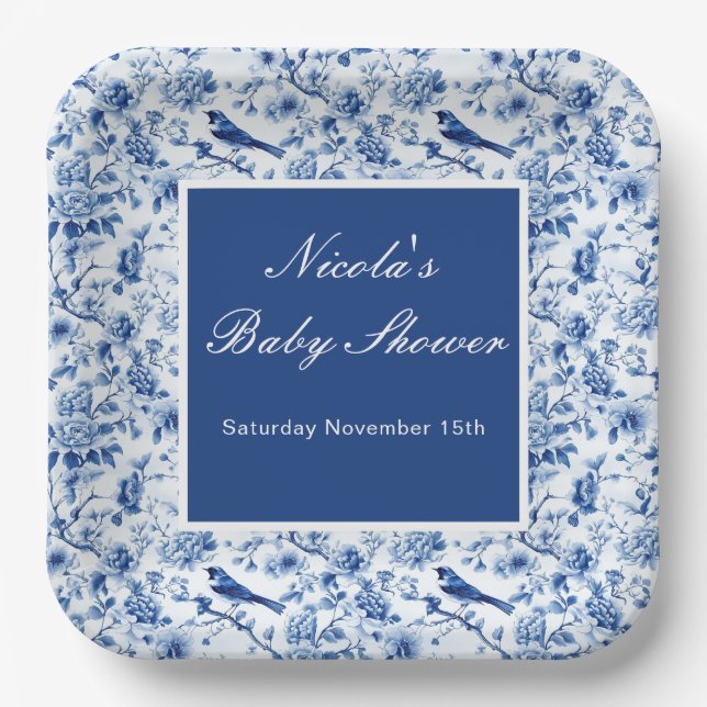 Chinoiserie Blue Birds and Flowers Baby Shower Paper Plates (Front)
