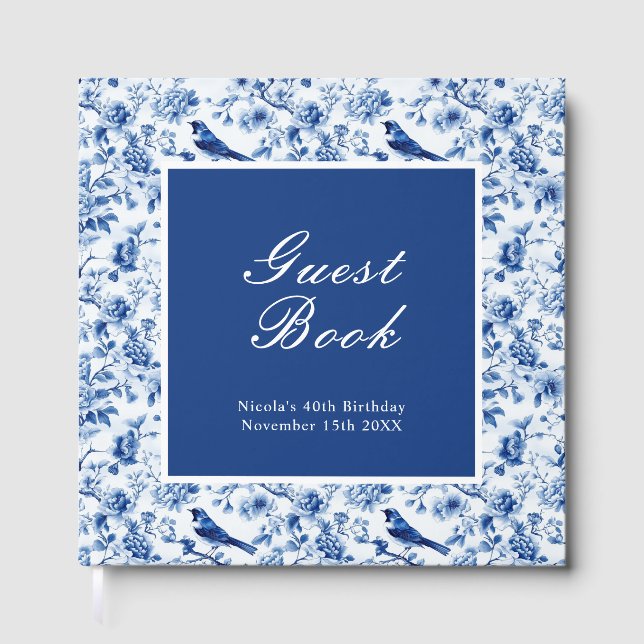 Chinoiserie Blue Birds and Flowers Birthday  Guest Book (Front)