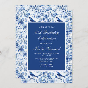 Chinoiserie Blue Birds and Flowers Birthday Invitation