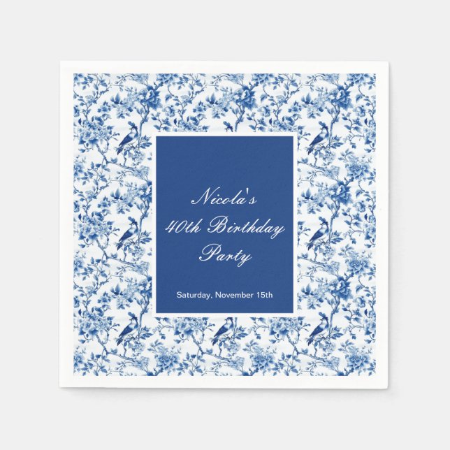 Chinoiserie Blue Birds and Flowers Birthday Napkins (Front)