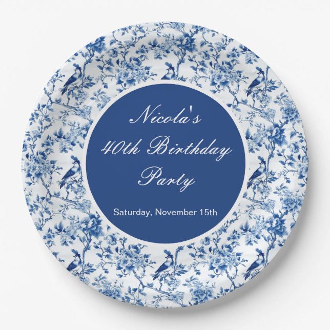 Chinoiserie Blue Birds and Flowers Birthday Paper Plates (Front)