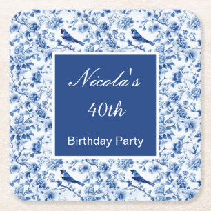 Chinoiserie Blue Birds and Flowers Birthday Square Paper Coaster