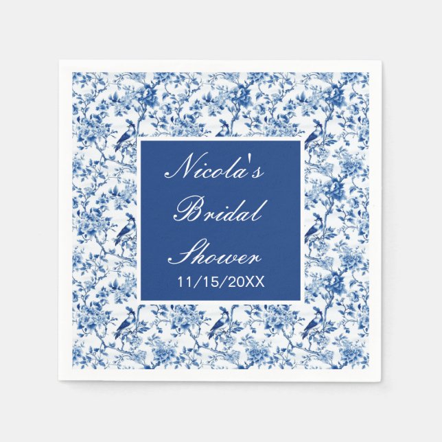 Chinoiserie Blue Birds and Flowers Bridal Shower Napkins (Front)
