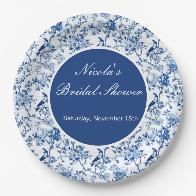 Chinoiserie Blue Birds and Flowers Bridal Shower Paper Plates (Front)