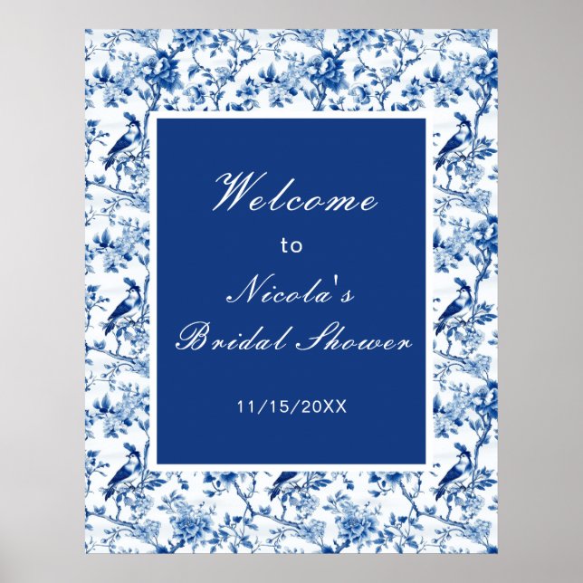 Chinoiserie Blue Birds and Flowers Bridal Shower Poster (Front)