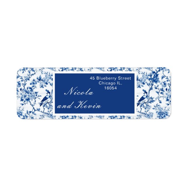Chinoiserie Blue Birds and Flowers Wedding Label (Front)