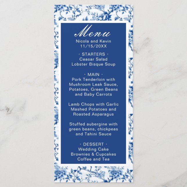 Chinoiserie Blue Birds and Flowers Wedding Menu (Front)