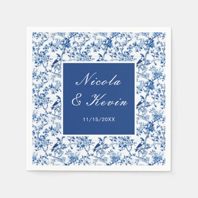 Chinoiserie Blue Birds and Flowers Wedding Napkins (Front)