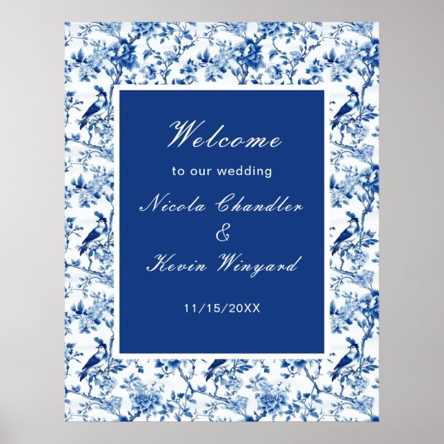 Chinoiserie Blue Birds and Flowers Wedding Poster (Front)