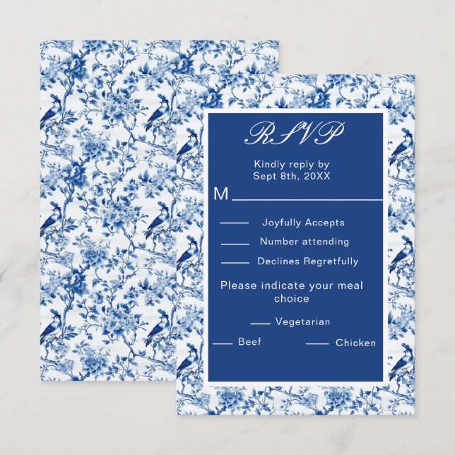 Chinoiserie Blue Birds and Flowers Wedding RSVP Card (Front/Back)