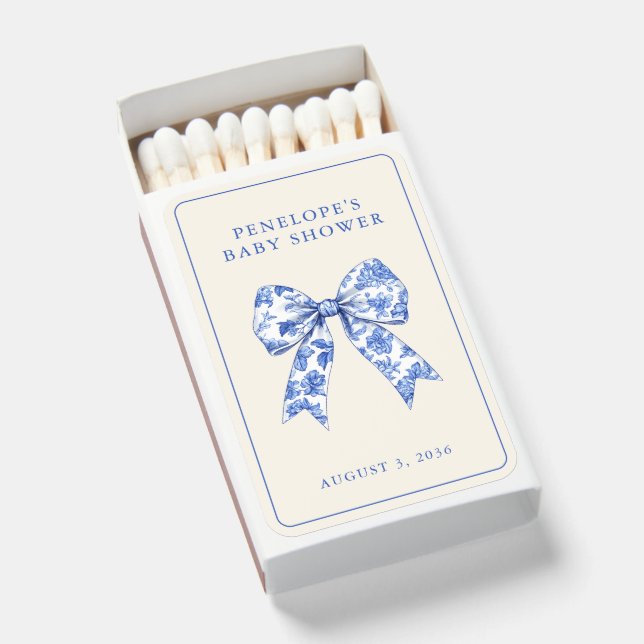 Chinoiserie Blue Bow Baby Shower Favor Matchboxes (Front Open)