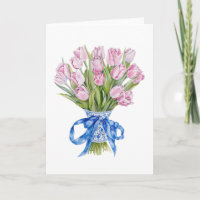 Chinoiserie Blue Bow Tulips Flowers Blank Greeting