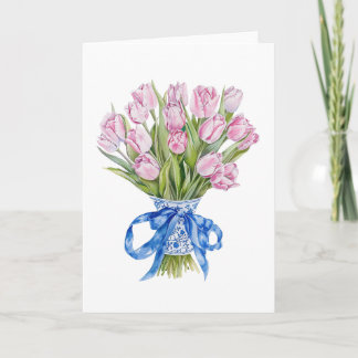 Chinoiserie Blue Bow Tulips Flowers Blank Greeting Card