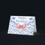 Chinoiserie Blue Butterfly Personalized Birthday  Card<br><div class="desc">This vintage style chinoiserie blue and white butterflies and sweet vintage pink bow makes a fun,  stylish and  elegant birthday card for someone special! You can personalize the text on the front and inside for any occasion. Perfect for spring,  Easter or anytime.</div>