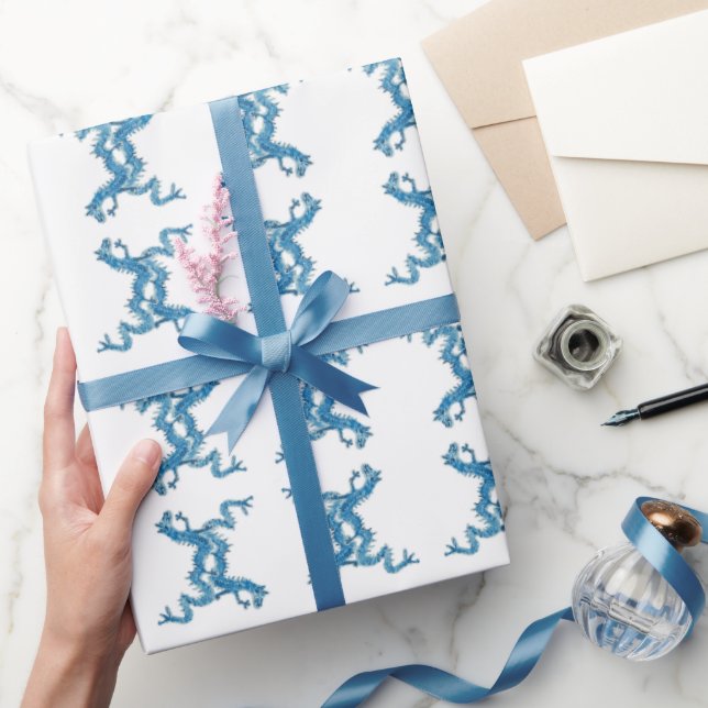Chinoiserie Blue Chinese Dragons Painted  Wrapping Paper (Gifting)