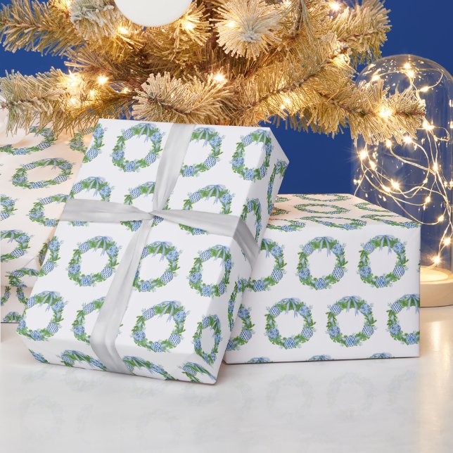 Chinoiserie Blue Christmas Ornament Wreath Wrapping Paper (Holidays)