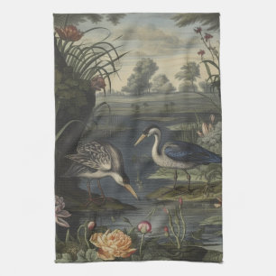 Chinoiserie Blue Crane Antique Botanical Culinary Kitchen Towel