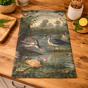 Chinoiserie Blue Crane Antique Botanical Culinary Kitchen Towel