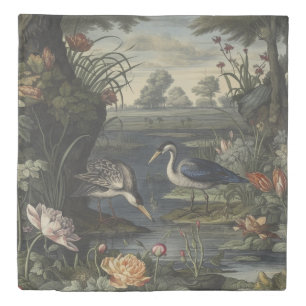Chinoiserie Blue Crane Antique Botanical Fine Art Duvet Cover