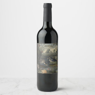 Chinoiserie Blue Crane Antique Botanical Gourmet Wine Label