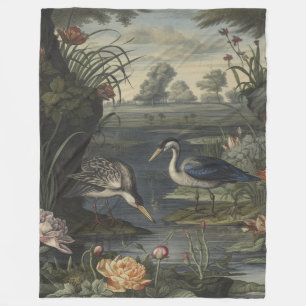 Chinoiserie Blue Crane Antique Botanical Nursery Fleece Blanket