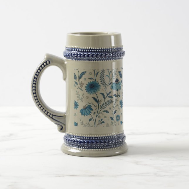 Chinoiserie Blue Echinacea Pattern Beer Stein (Left)