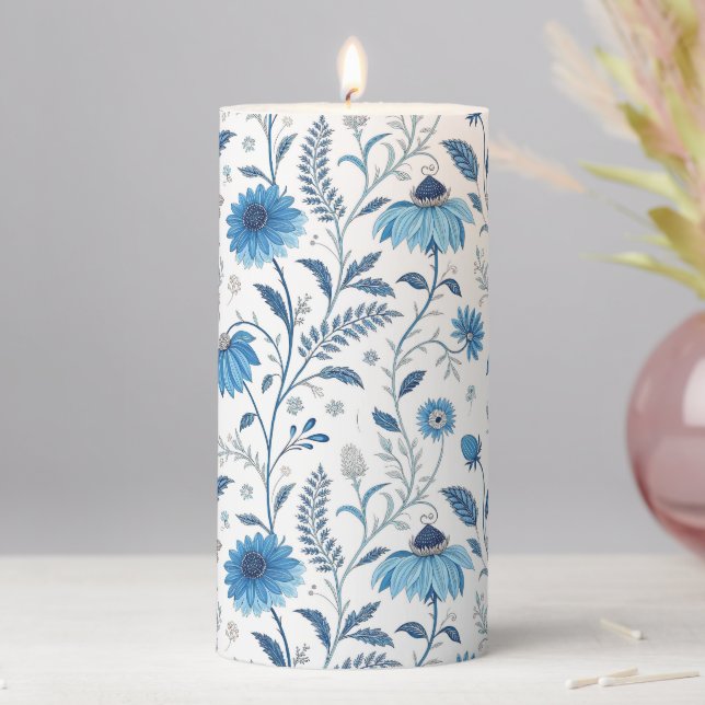 Chinoiserie Blue Echinacea Pattern Pillar Candle (In Situ)
