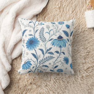 Chinoiserie Blue Echinacea Pattern Throw Pillow