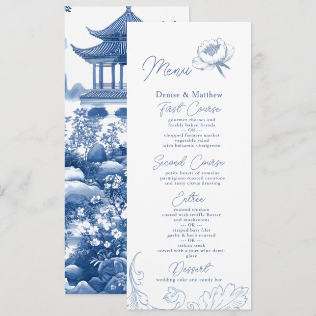 Chinoiserie Blue Elegant Pagoda and Floral Toile Menu (Front/Back)