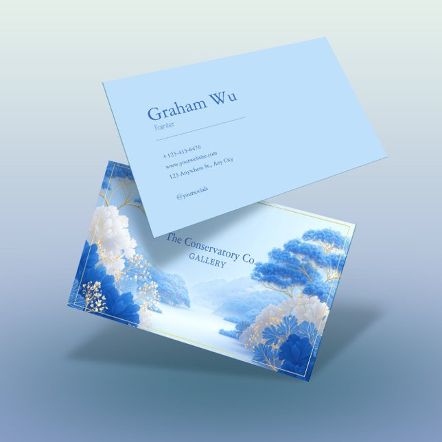 Chinoiserie Blue Floral and Gold Pine Tree Frame Business Card (Creator Uploaded)