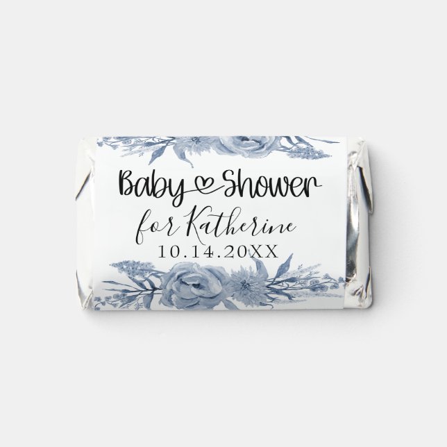Chinoiserie Blue Floral Baby Shower Script Heart Hershey's Miniatures (Front)