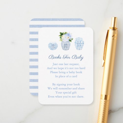 Chinoiserie Blue Floral Baby's Library Book Shower Enclosure Card - Timeless watercolor flowers in a preppy ginger jar vase for this baby shower enclosure card design, which also features pale blue and white stripes on the reverse (you can change the pale blue to any other color by changing the background color in the design tool).