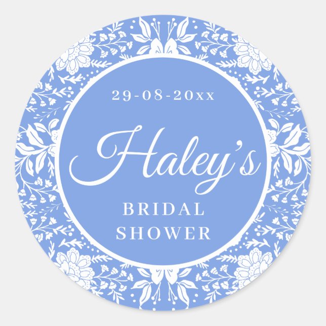 Chinoiserie Blue Floral Bridal Shower Classic Round Sticker (Front)