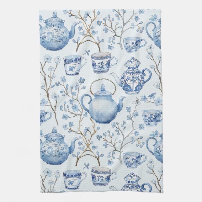 Chinoiserie Blue Floral Bridal Shower Kitchen Towel (Vertical)