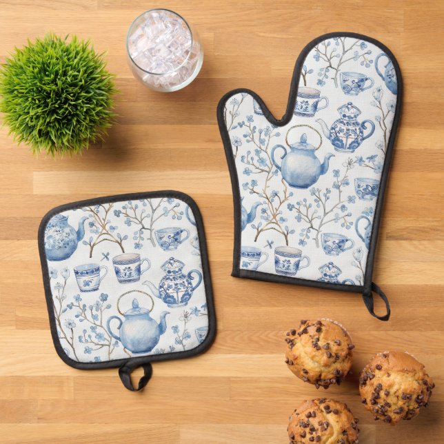 Chinoiserie Blue Floral Bridal Shower Oven Mitt & Pot Holder Set (Top Down)