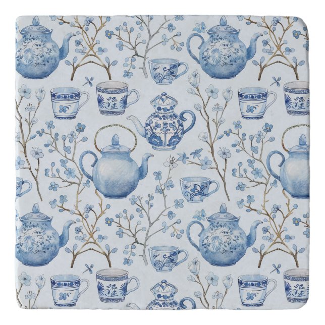 Chinoiserie Blue Floral Bridal Shower Trivet (Front)