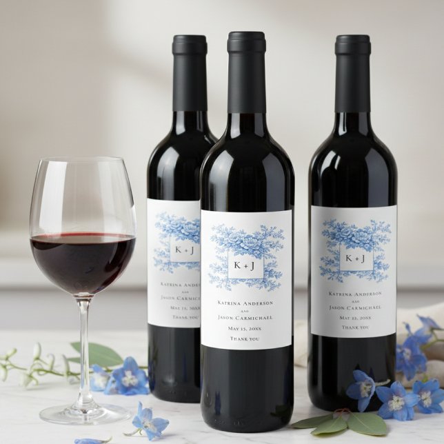 Chinoiserie Blue Floral Classic Wedding Monogram Wine Label (Creator Uploaded)