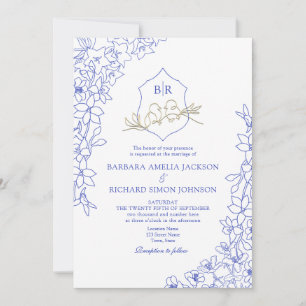 Chinoiserie Blue Floral Crest Wedding Invitation