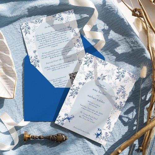 Chinoiserie Blue Floral Details QR Code Wedding Invitation