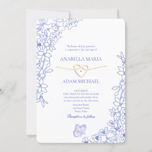 Chinoiserie Blue Floral Gold Heart Wedding Invitation