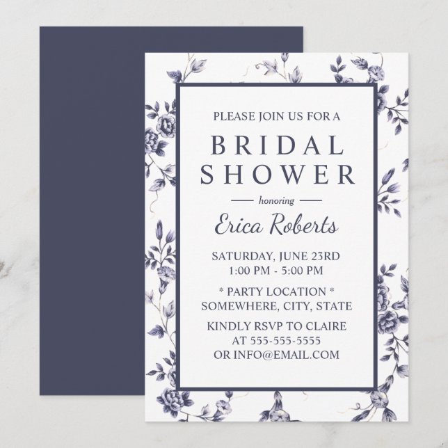 Chinoiserie Blue Floral Vintage Bridal Shower Invitation (Front/Back)