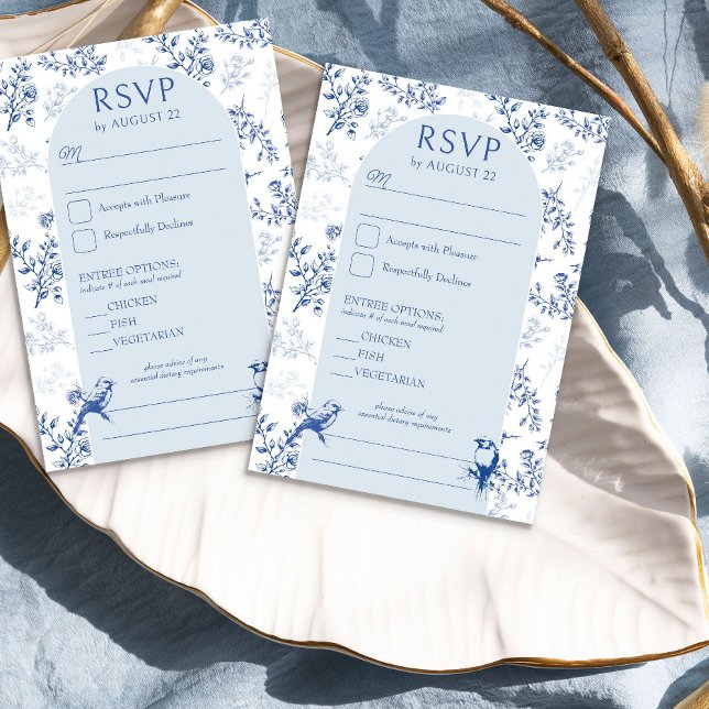 Chinoiserie Blue Floral Wedding Arch Entree and RSVP Card (Elegant blue floral RSVP from the Chinoiserie Wedding Collection by Darling & May)