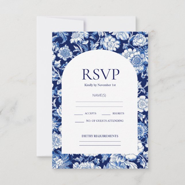 Chinoiserie Blue Floral Wedding RSVP Cards (Front)