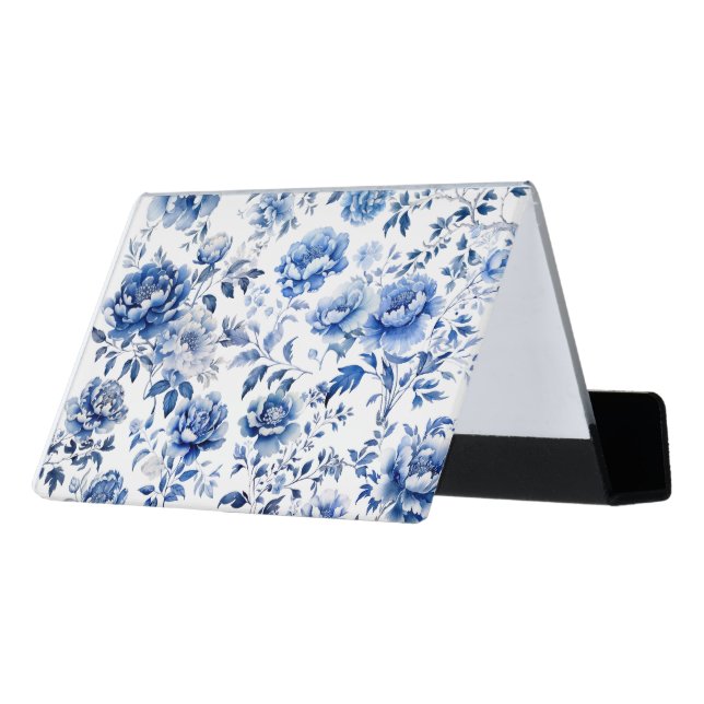Chinoiserie Blue Flowers Desk Business Card Holder (Angled Back)