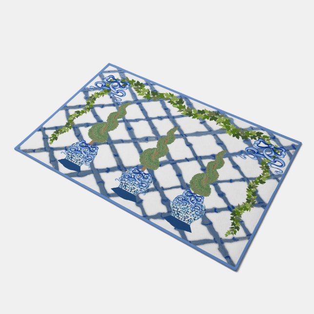 Chinoiserie Blue Ginger Jars Doormat Welcome Mat (Angled)